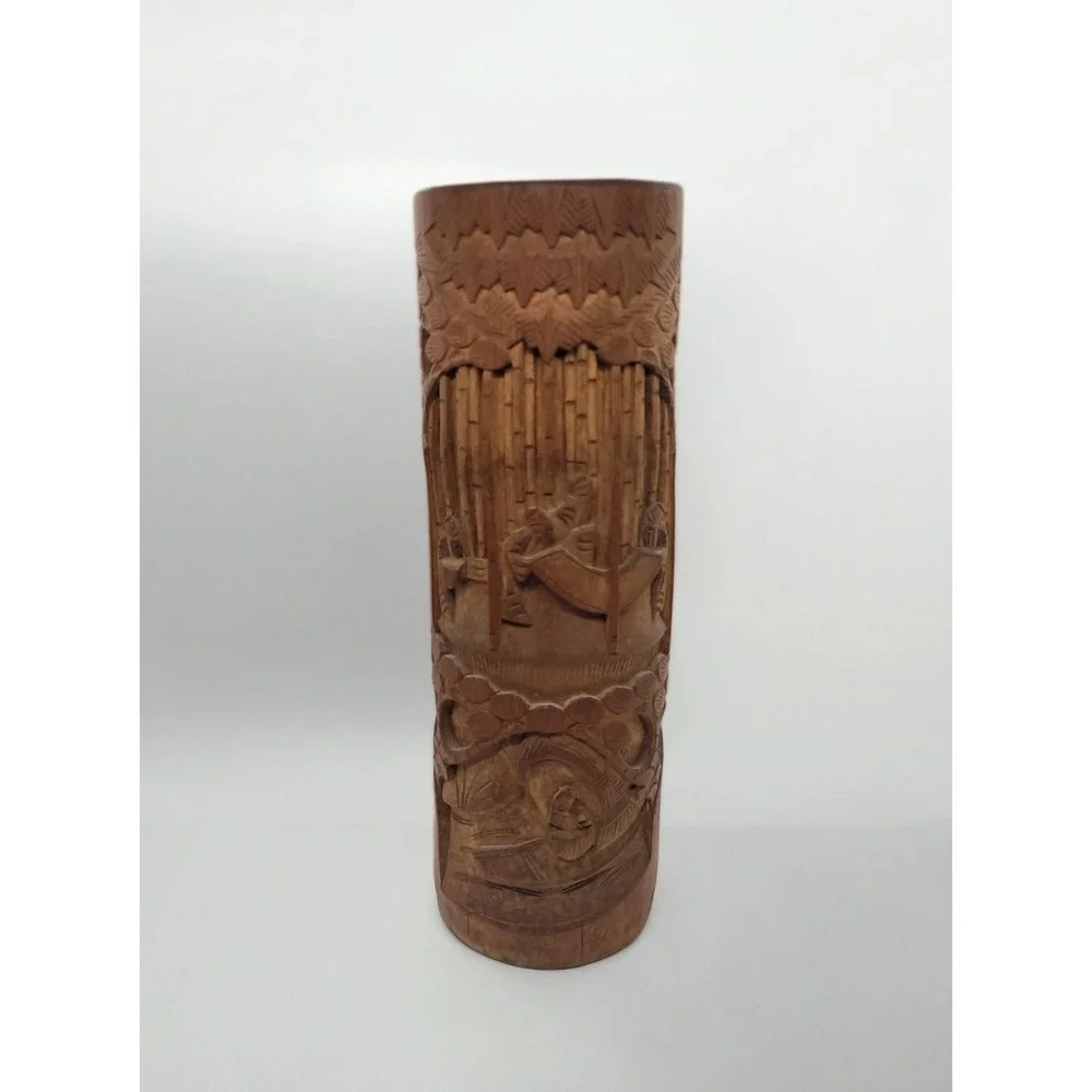 Chinese Bamboo Brush‎ Pot Carved Wooden Asian Flower Vase